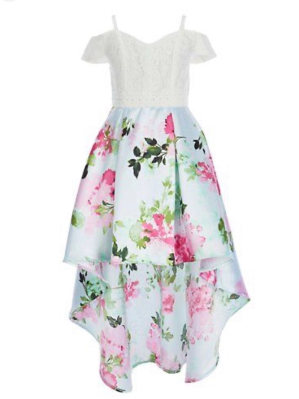 Rare Editions White Lace Bodice with Blue Floral High-Low Dress Sz 14